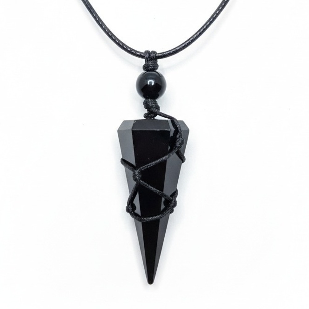 Black Obsidian Pendulum‎ Necklace Cord Wrapped Crystal Pendant Protection Amulet
